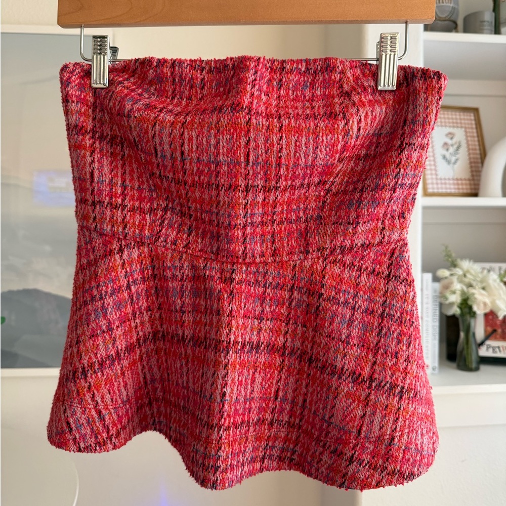 Anthropologie/Maeve Pink Red Plaid Tweed Strapless Blouse